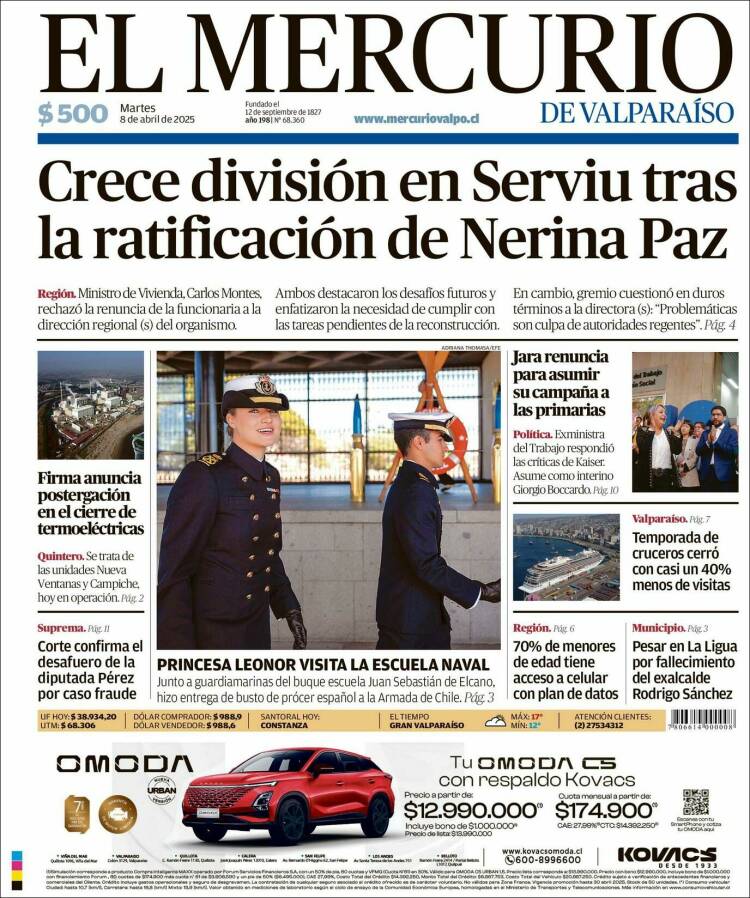 Portada de Mercurio de Valparaiso (Chile)