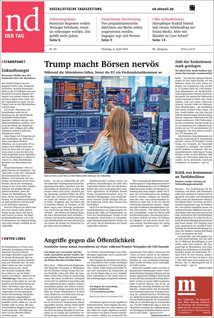 Portada de Neues Deutschland (Alemania)