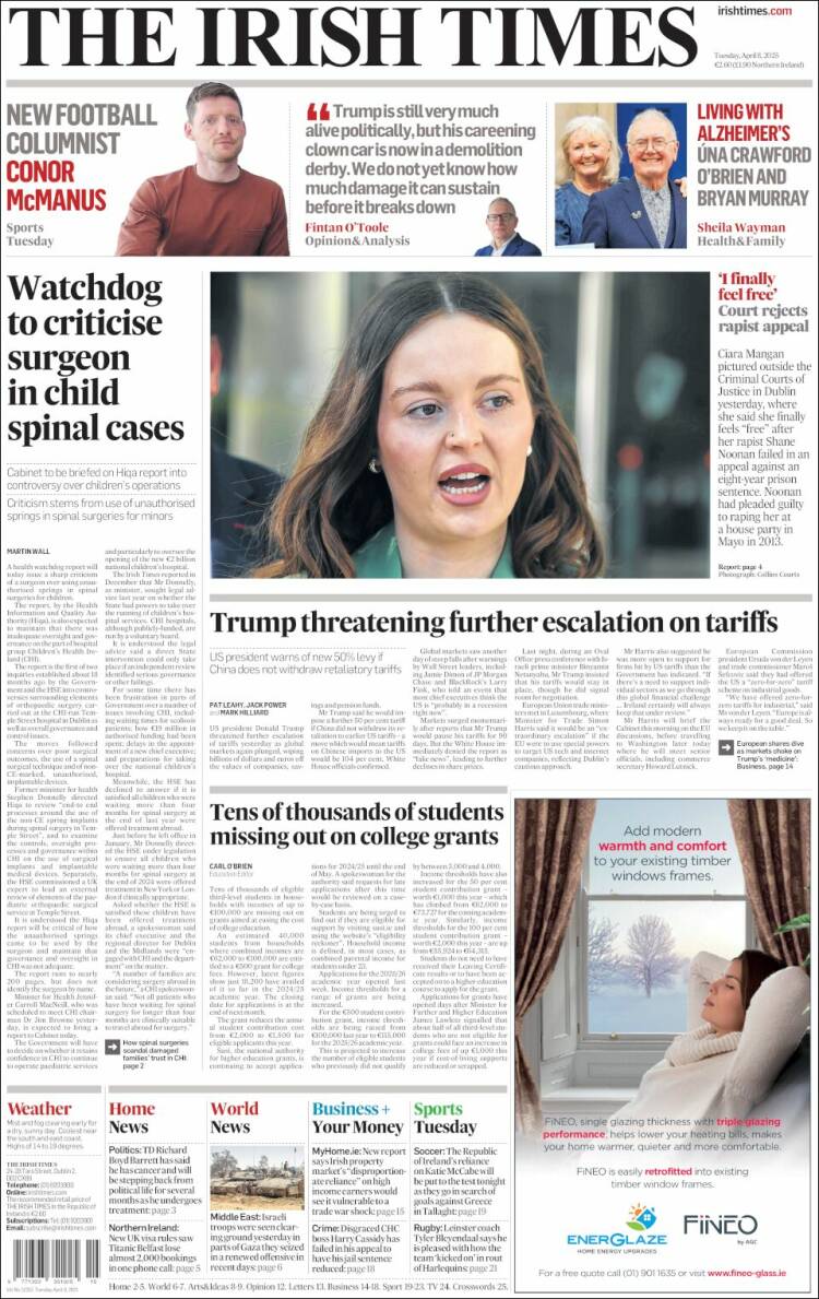 Portada de Irish Times (Irlanda)