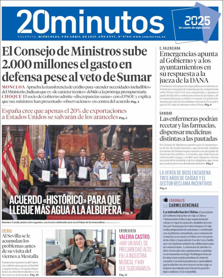 Portada de 20 Minutos - Valencia (España)