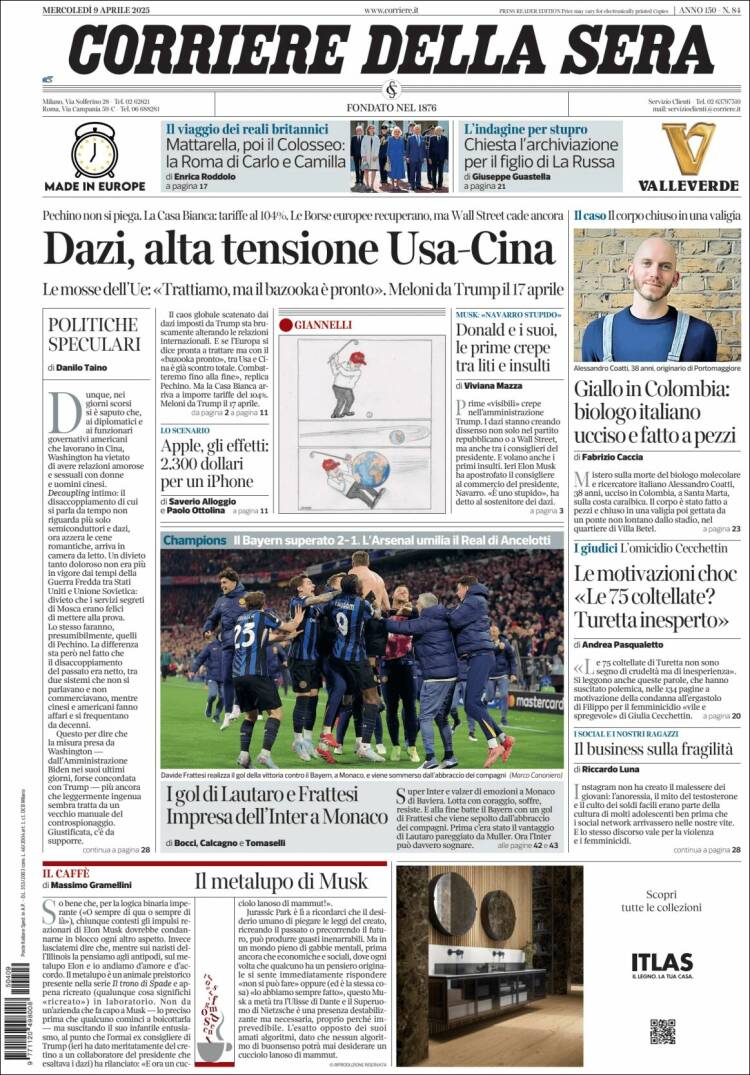 Portada de Corriere della Sera (Italia)