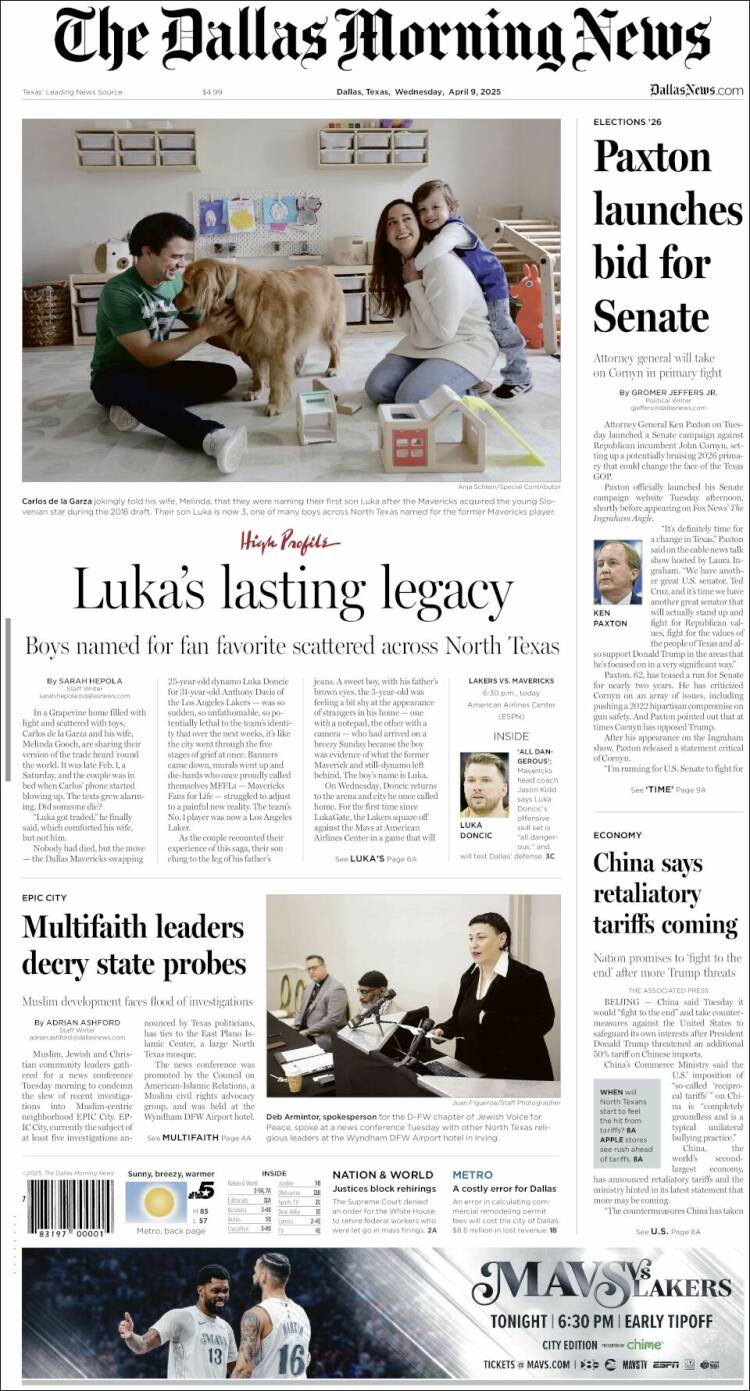 Portada de Dallas Morning News (USA)