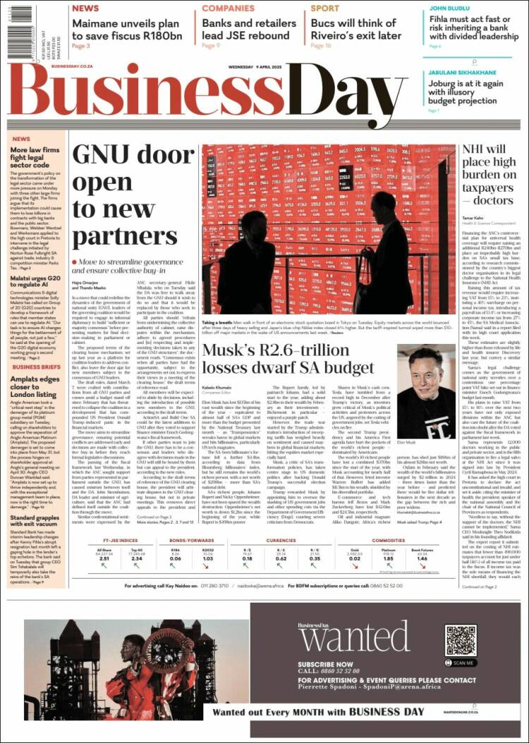 Portada de Business Day (Sud&aacute;frica)