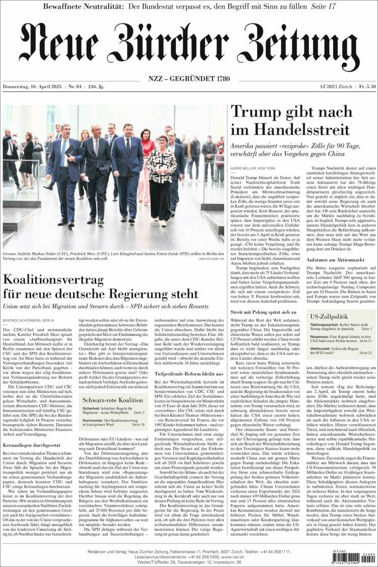 Portada de Neue Zürcher Zeitung (Suiza)