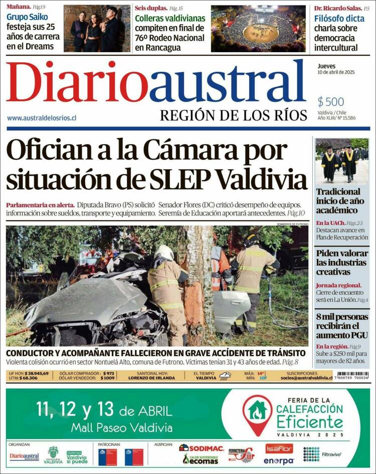 Portada de El Diario Austral de Valdivia (Chile)