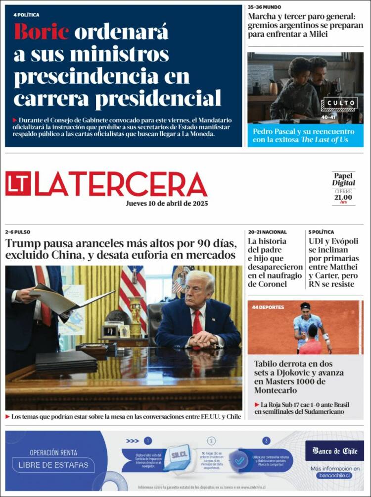 Portada de La Tercera (Chile)