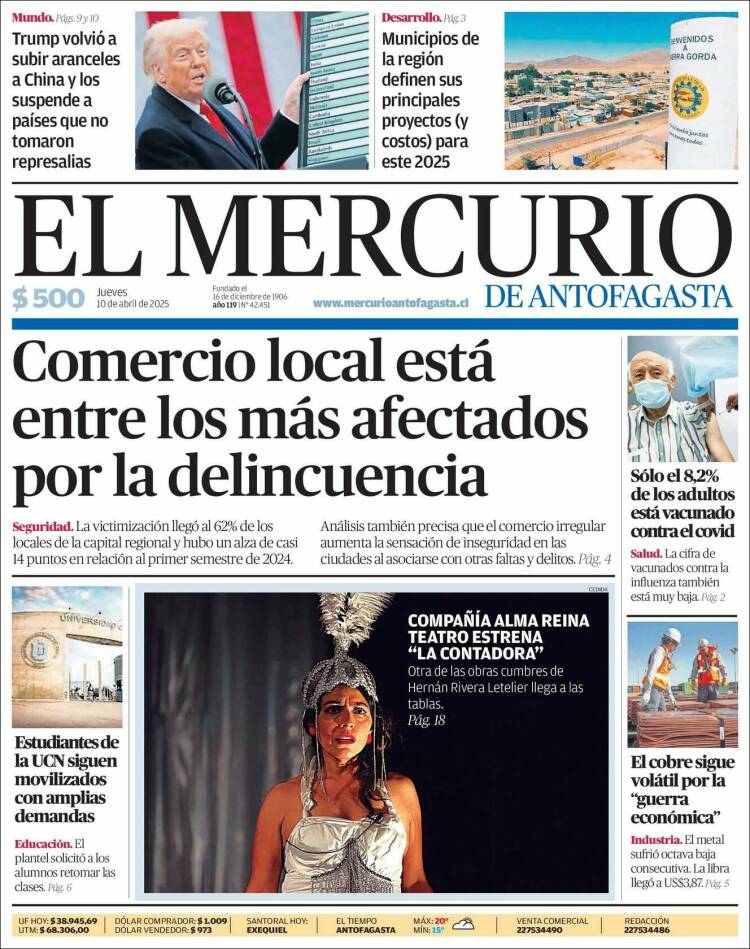 Portada de El Mercurio de Antofagasta (Chile)