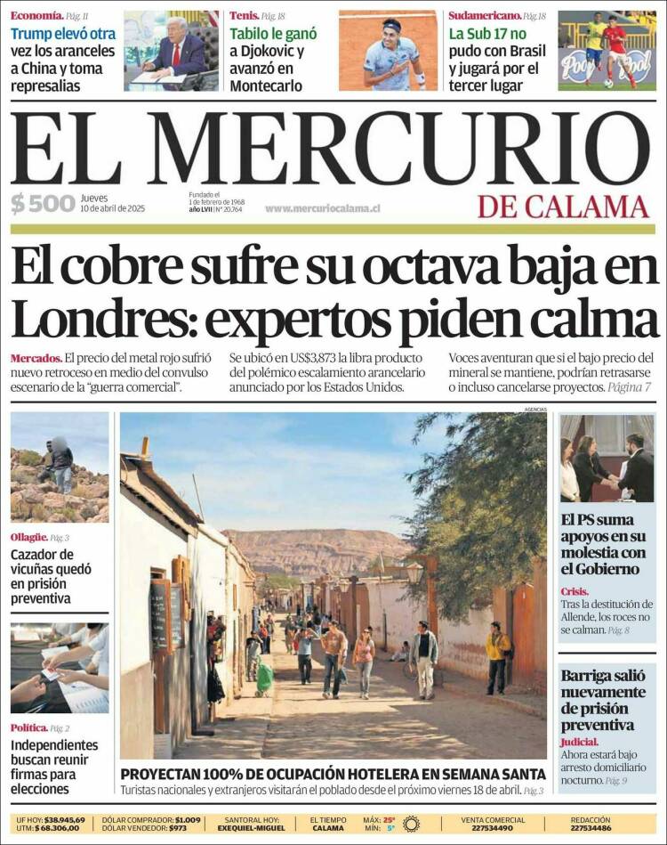 Portada de El Mercurio - Calama (Chile)