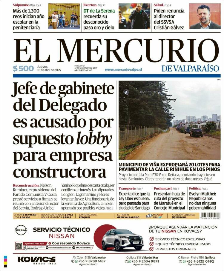 Portada de Mercurio de Valparaiso (Chile)