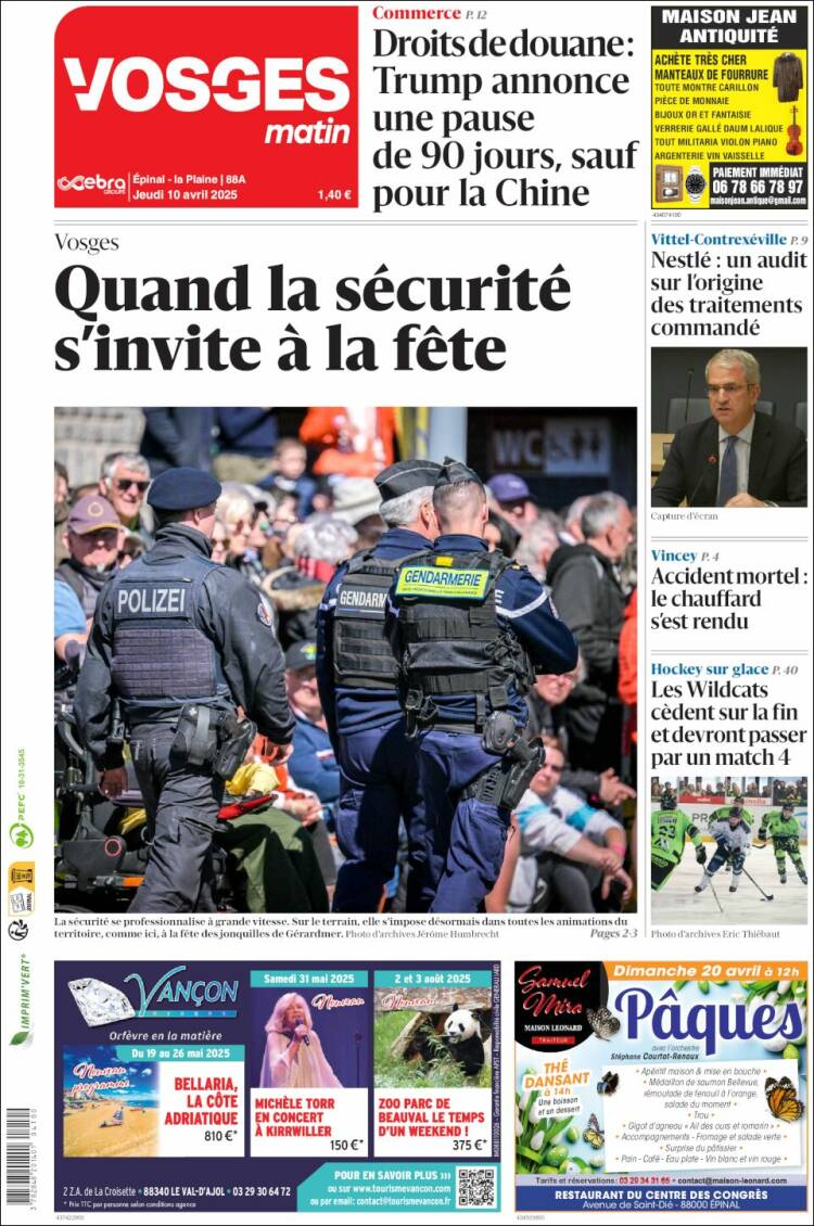 Portada de Vosges Matin (Francia)