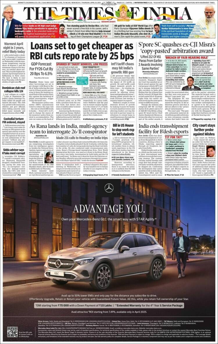 Portada de The Times of India (Inde)