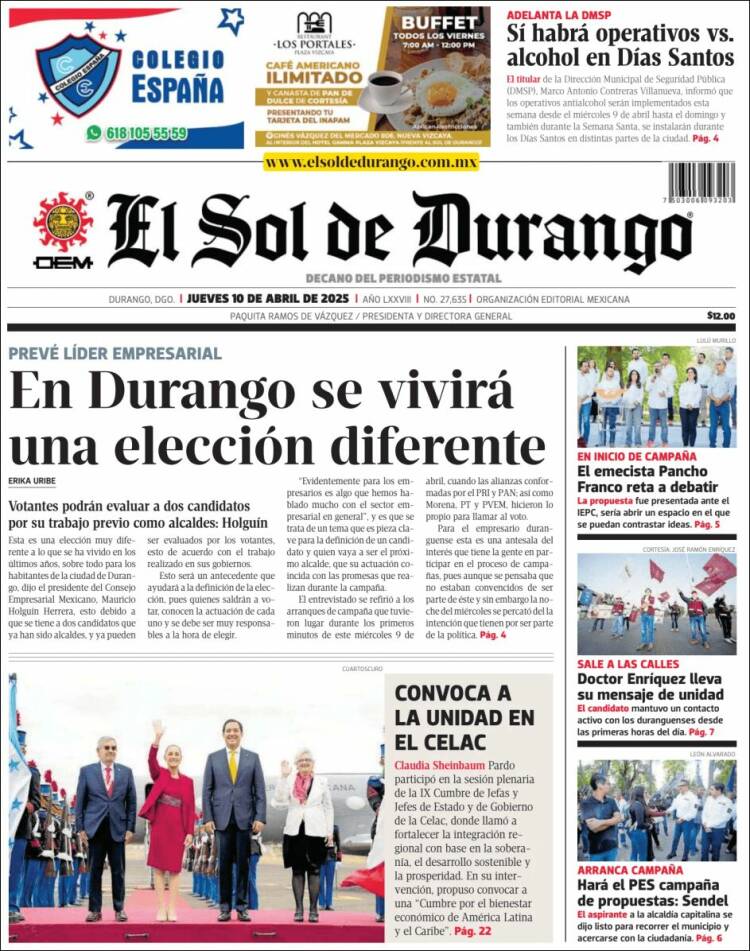 Portada de El Sol de Durango (México)