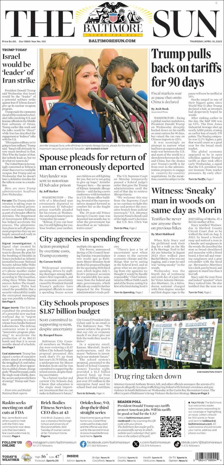 Portada de The Baltimore Sun (USA)