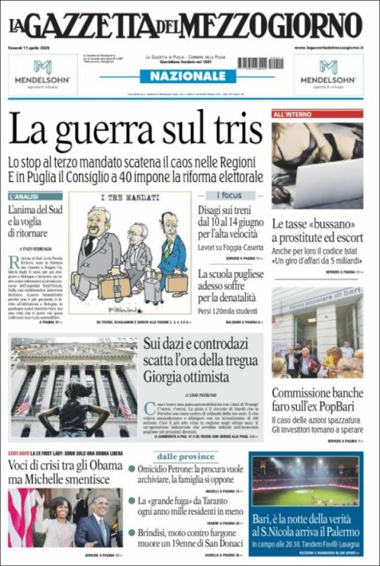 Portada de La Gazzetta del Mezzogiorno (Italia)