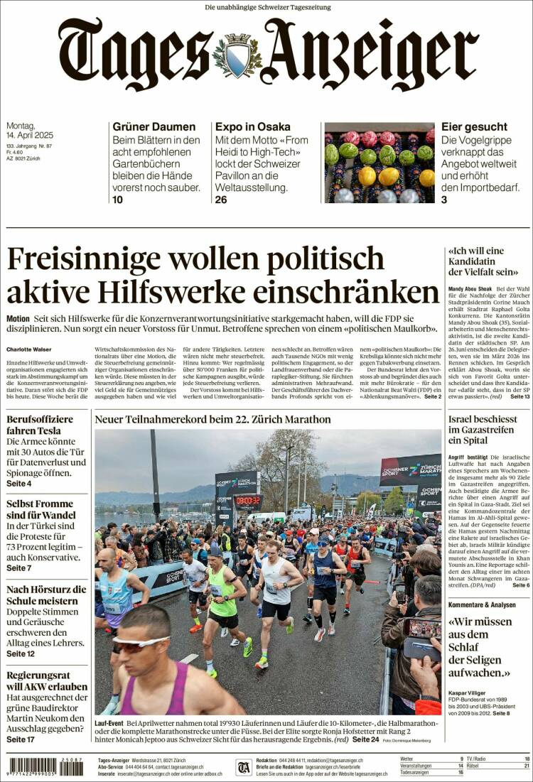 Portada de Tages-Anzeiger (Suiza)