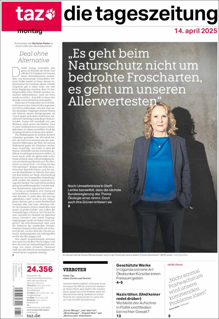 Portada de Die Tageszeitung (Alemania)