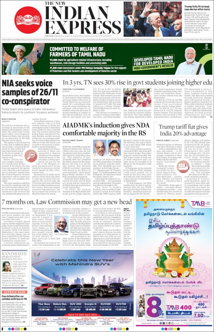 Portada de New Indian Express (India)