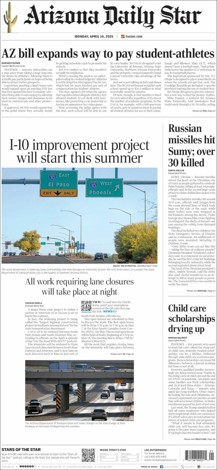 Portada de Arizona Daily Star (USA)