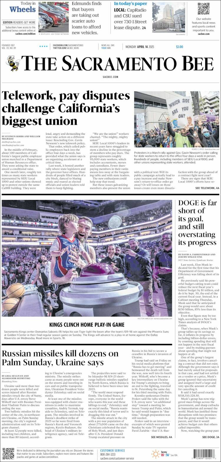 Portada de The Sacramento Bee (USA)