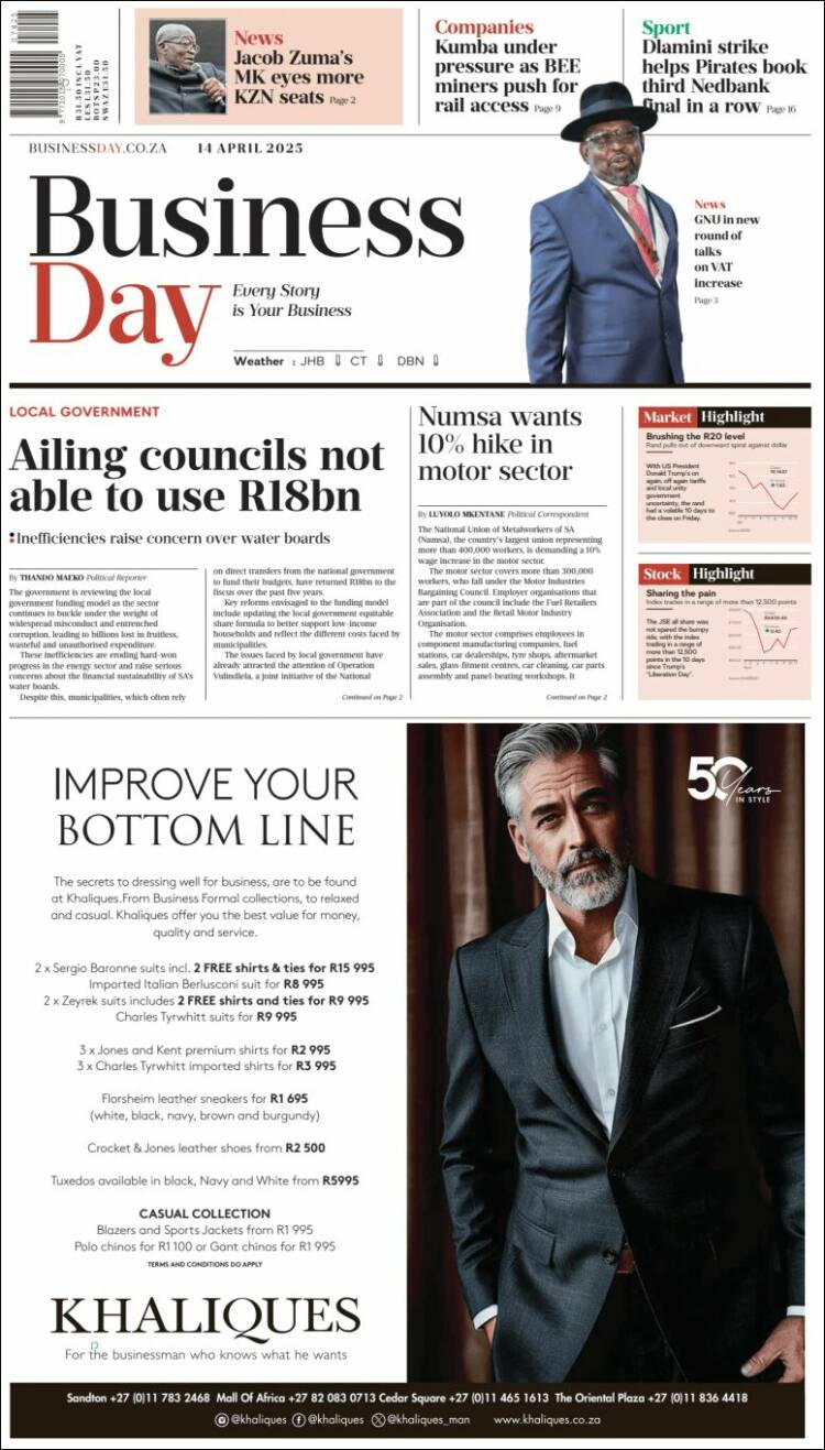 Portada de Business Day (Sud&aacute;frica)