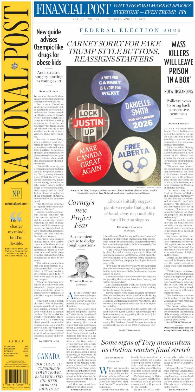 Portada de The National Post (Canadá)