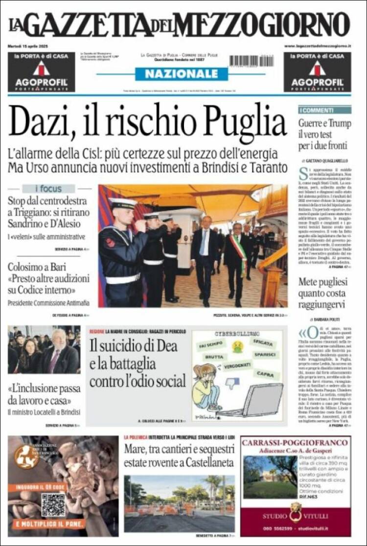 Portada de La Gazzetta del Mezzogiorno (Italia)