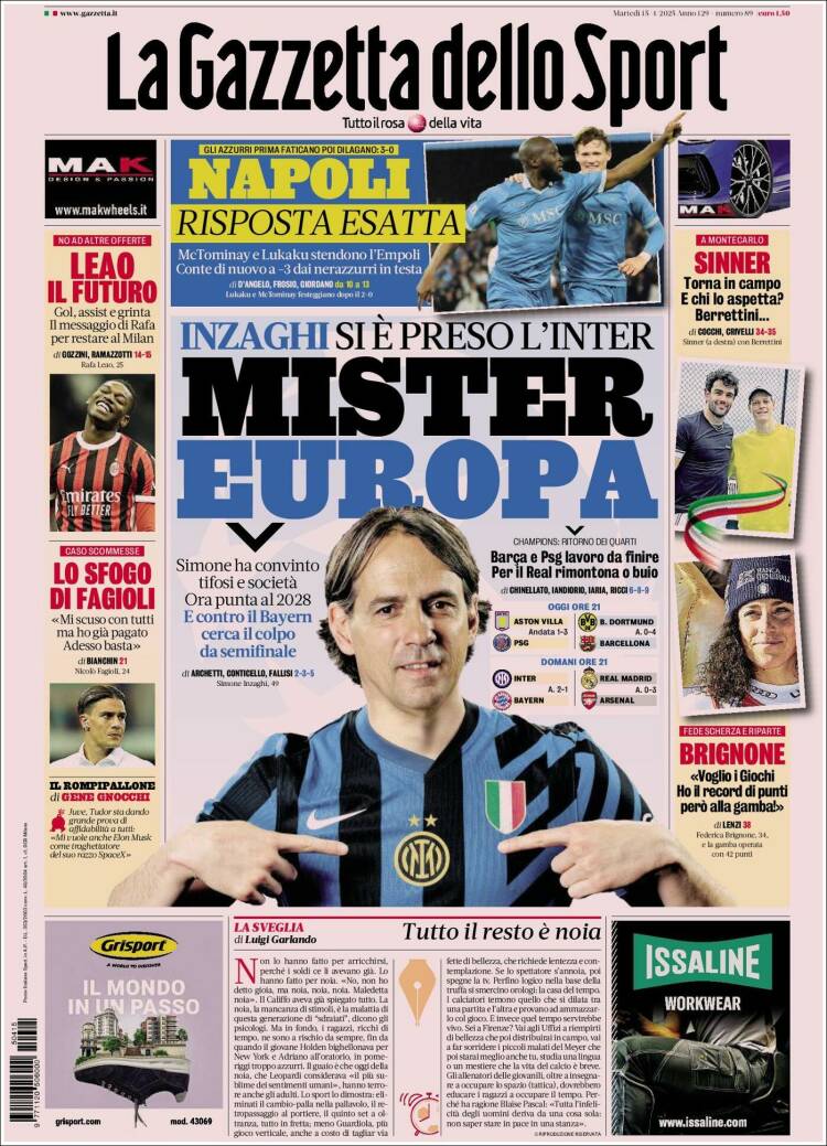 Portada de La Gazzetta dello Sport (Italie)