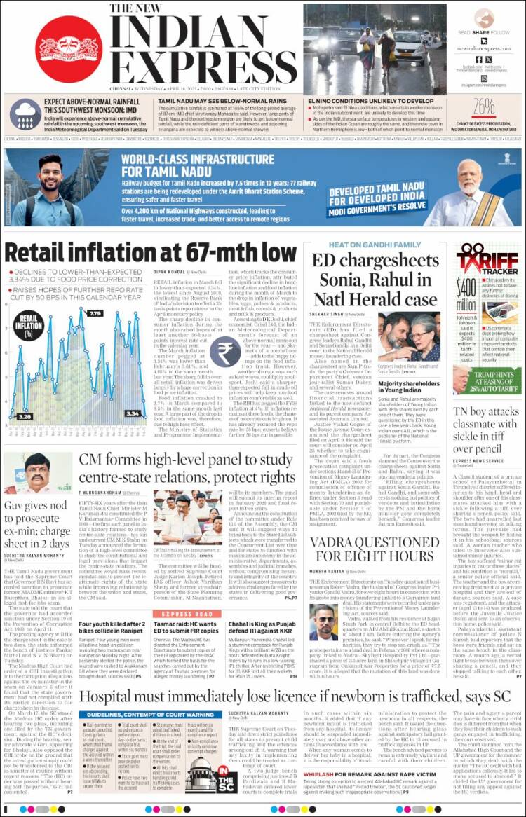 Portada de New Indian Express (India)