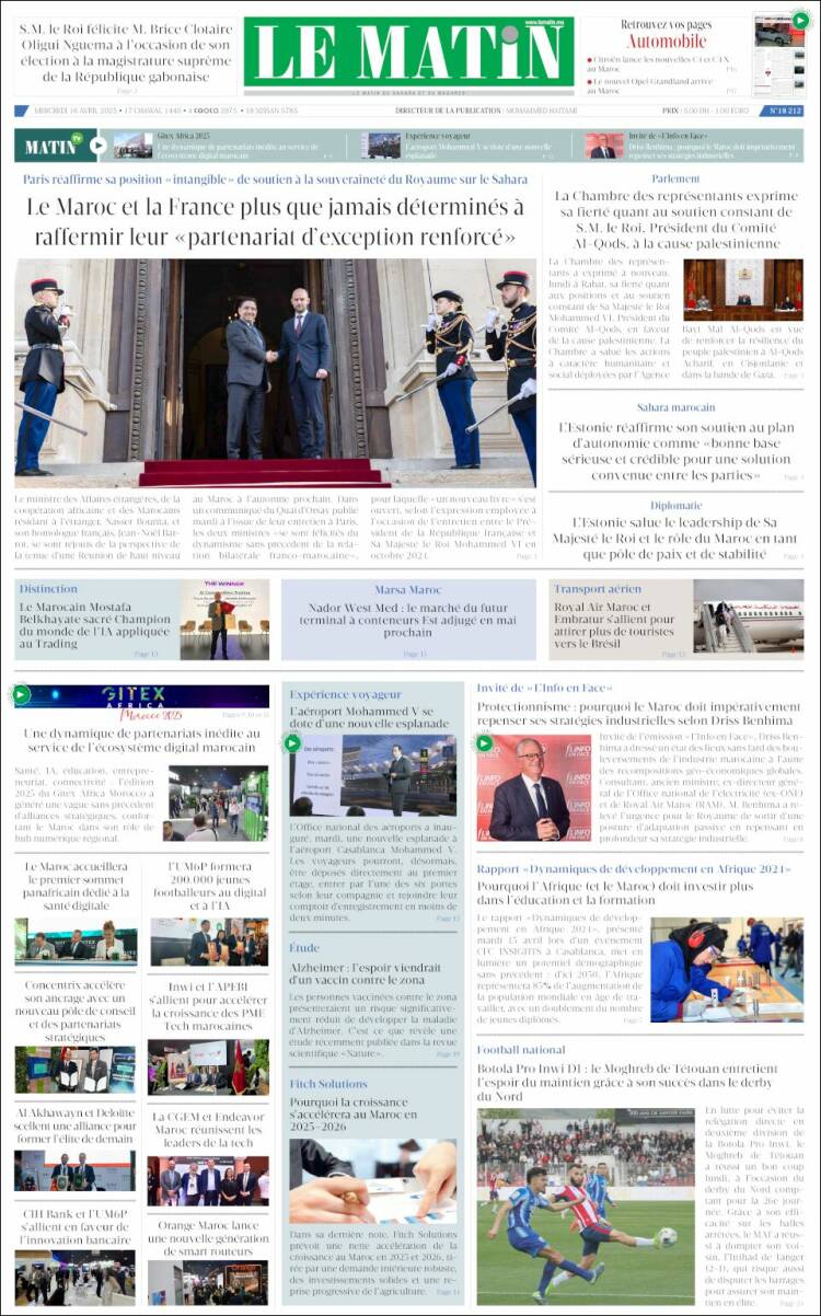 Portada de Le Matin (Maroc)