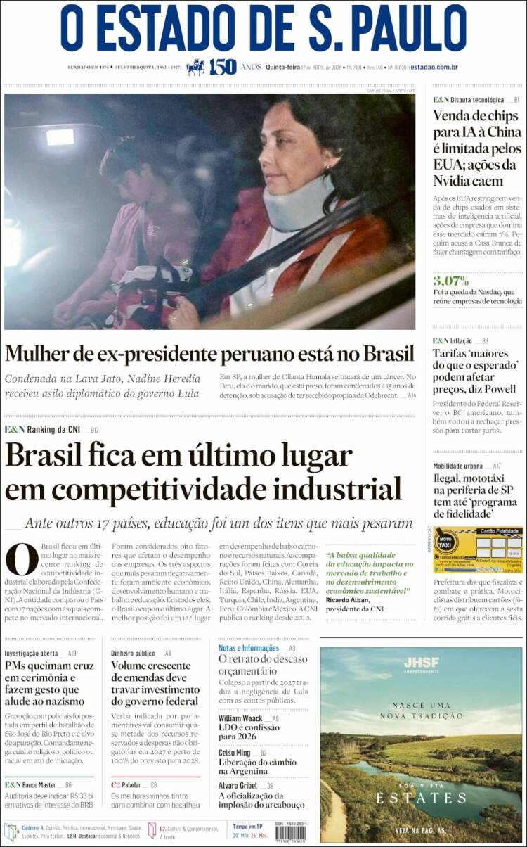 Portada de O Estado de São Paulo (Brasil)