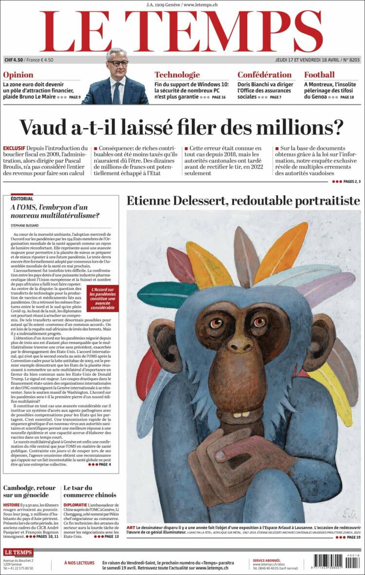 Portada de Le Matin (Suiza)
