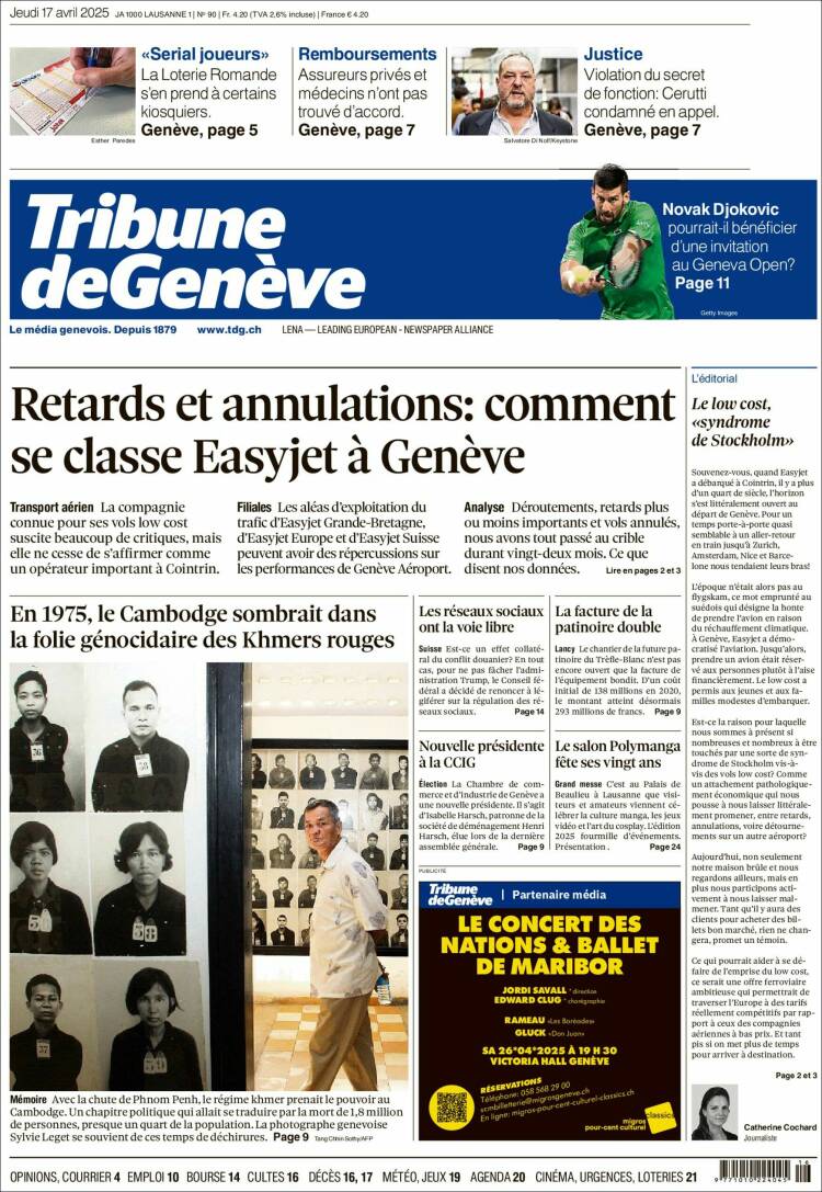 Portada de La Tribune de Genève (Suiza)