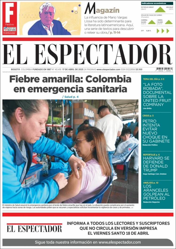 Portada de El Espectador (Colombia)