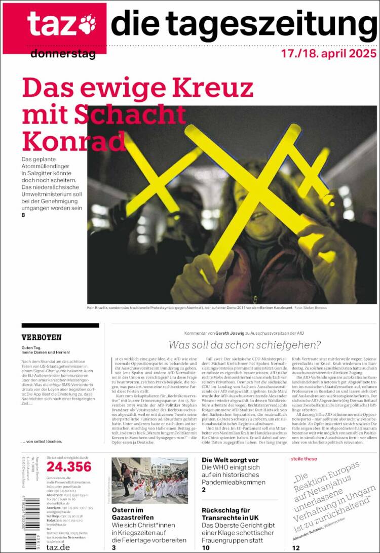 Portada de Die Tageszeitung (Alemania)