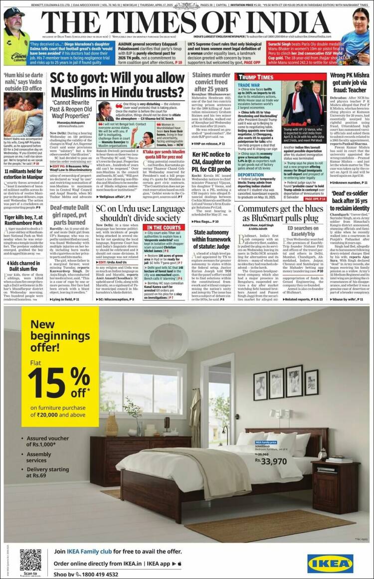 Portada de The Times of India (India)