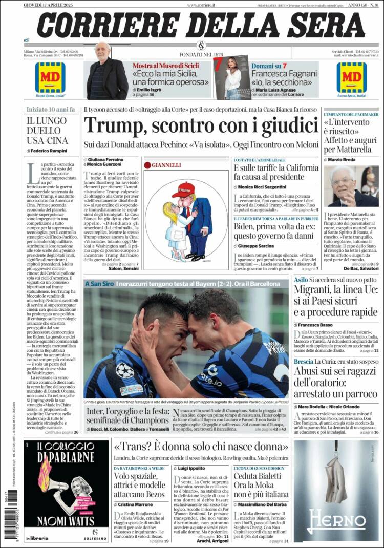 Portada de Corriere della Sera (Italia)