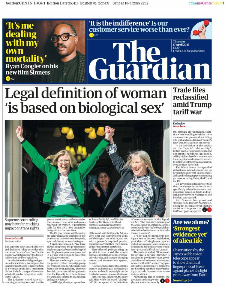 Portada de The Guardian (Reino Unido)