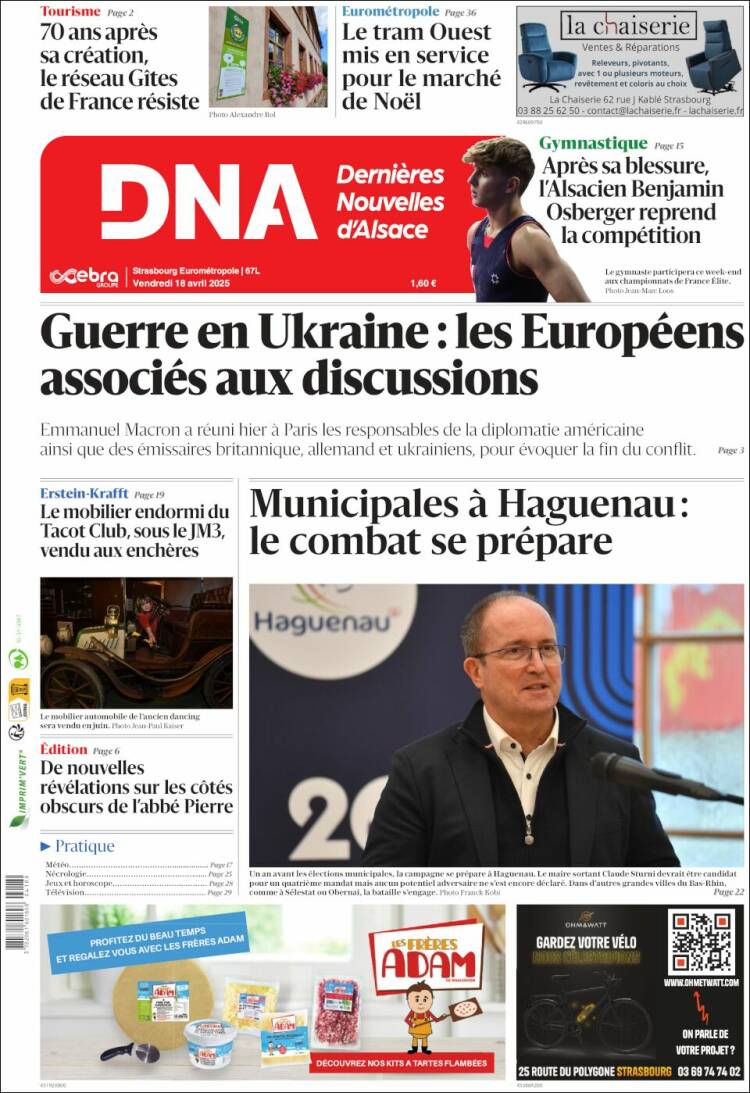Portada de Les Dernières Nouvelles d'Alsace (Francia)