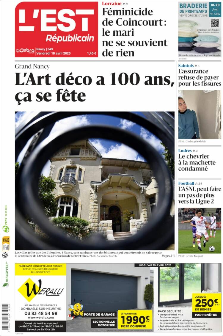 Portada de L'Est Republicain (Francia)