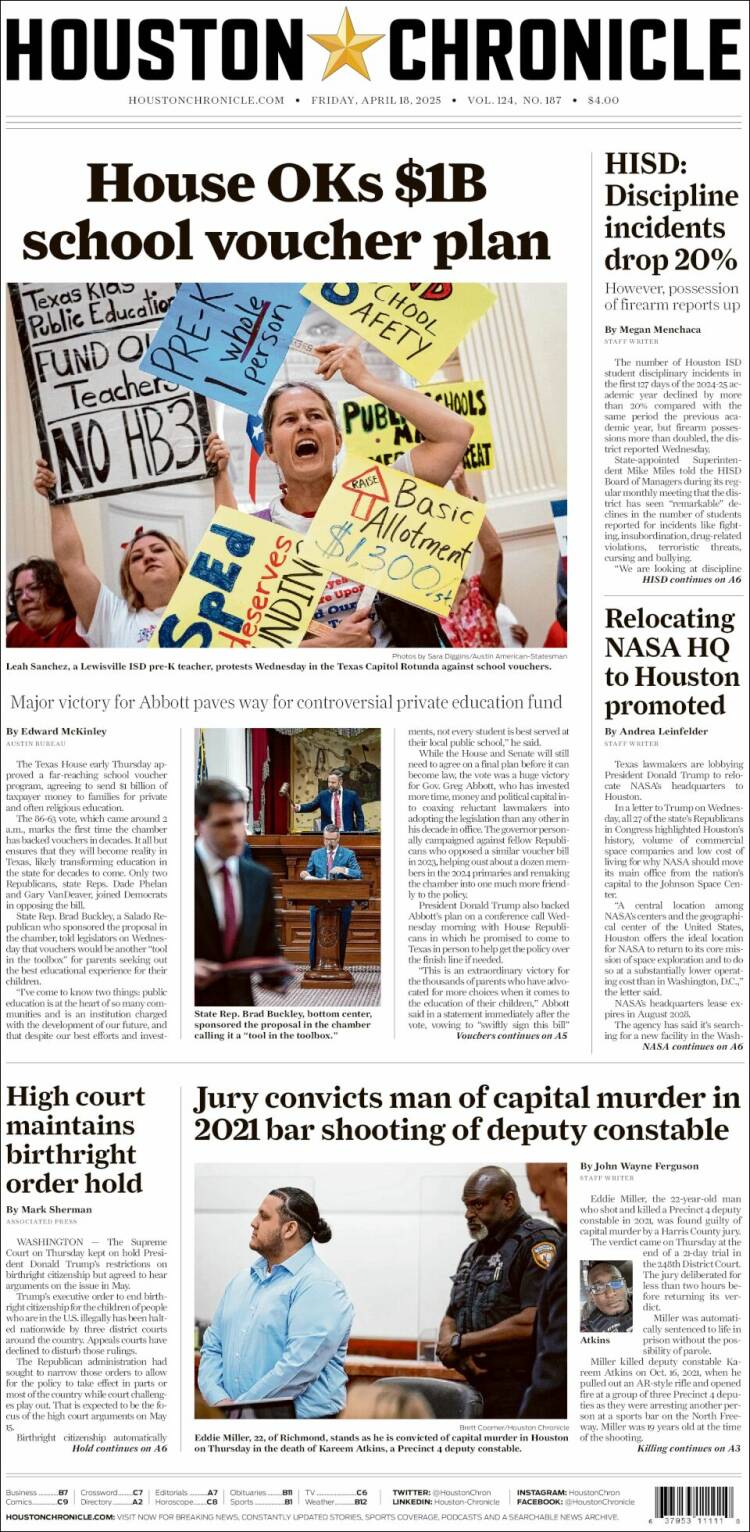Portada de Houston Chronicle (États-Unis)