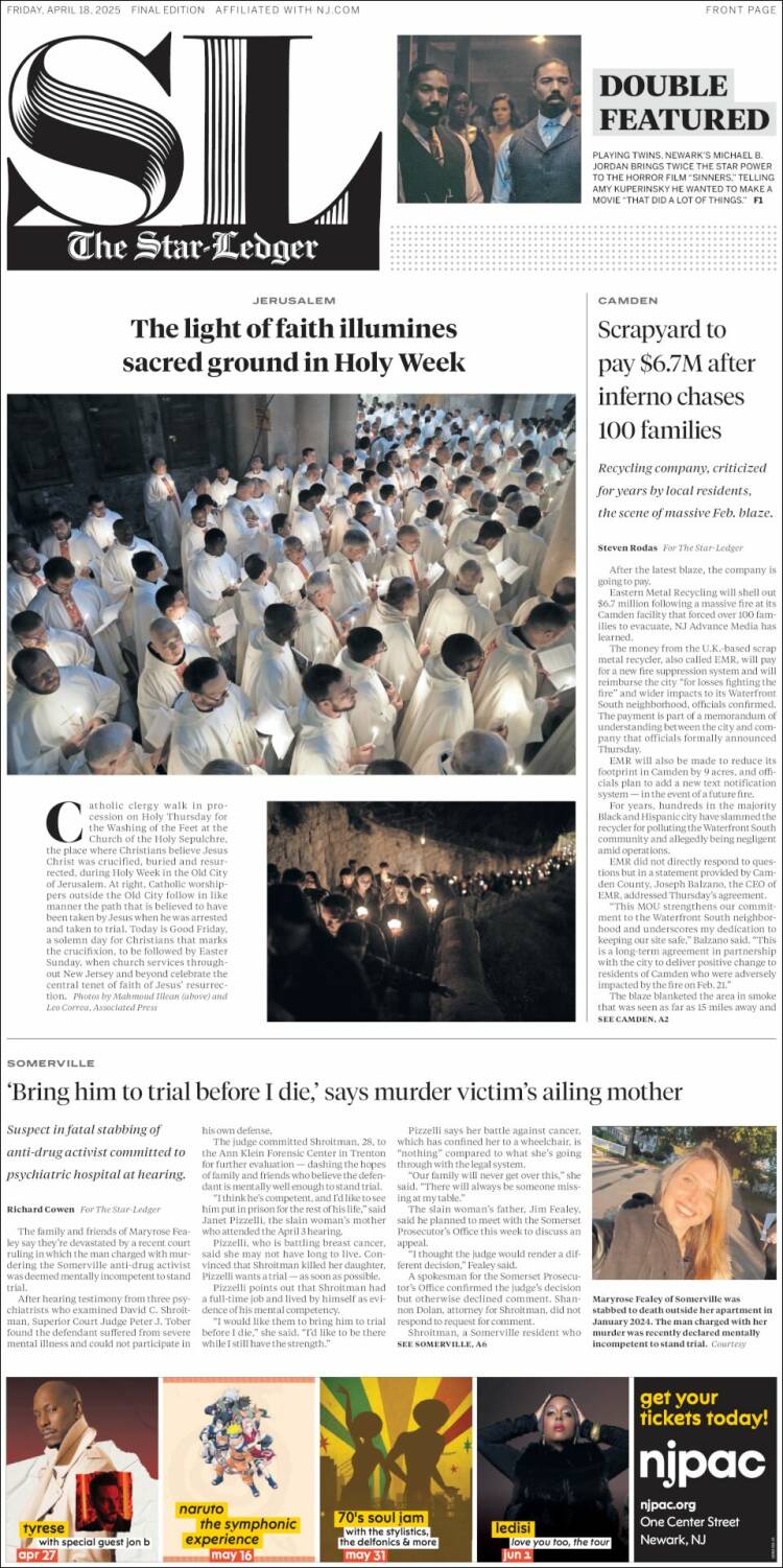 Portada de Star-Ledger (États-Unis)
