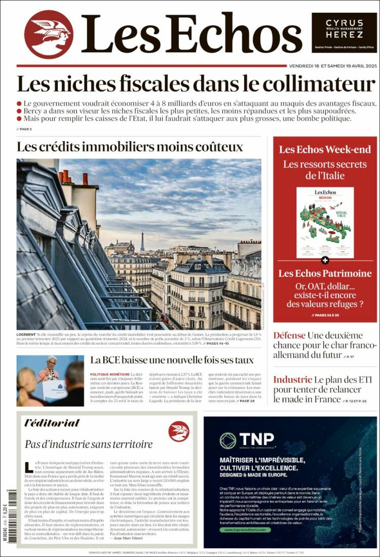 Portada de Les Echos (Francia)