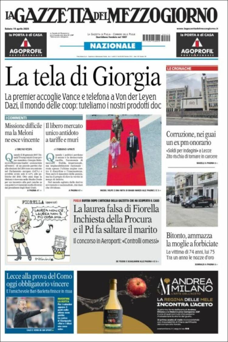 Portada de La Gazzetta del Mezzogiorno (Italia)