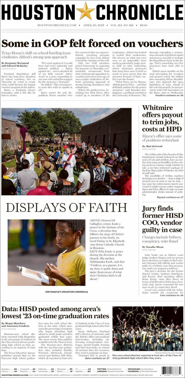 Portada de Houston Chronicle (USA)