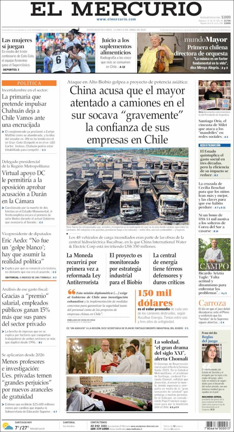Portada de El Mercurio (Chile)