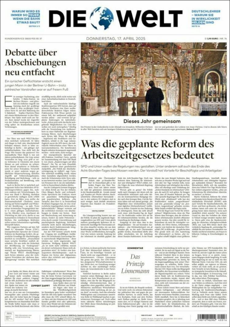Portada de Die Welt (Alemania)