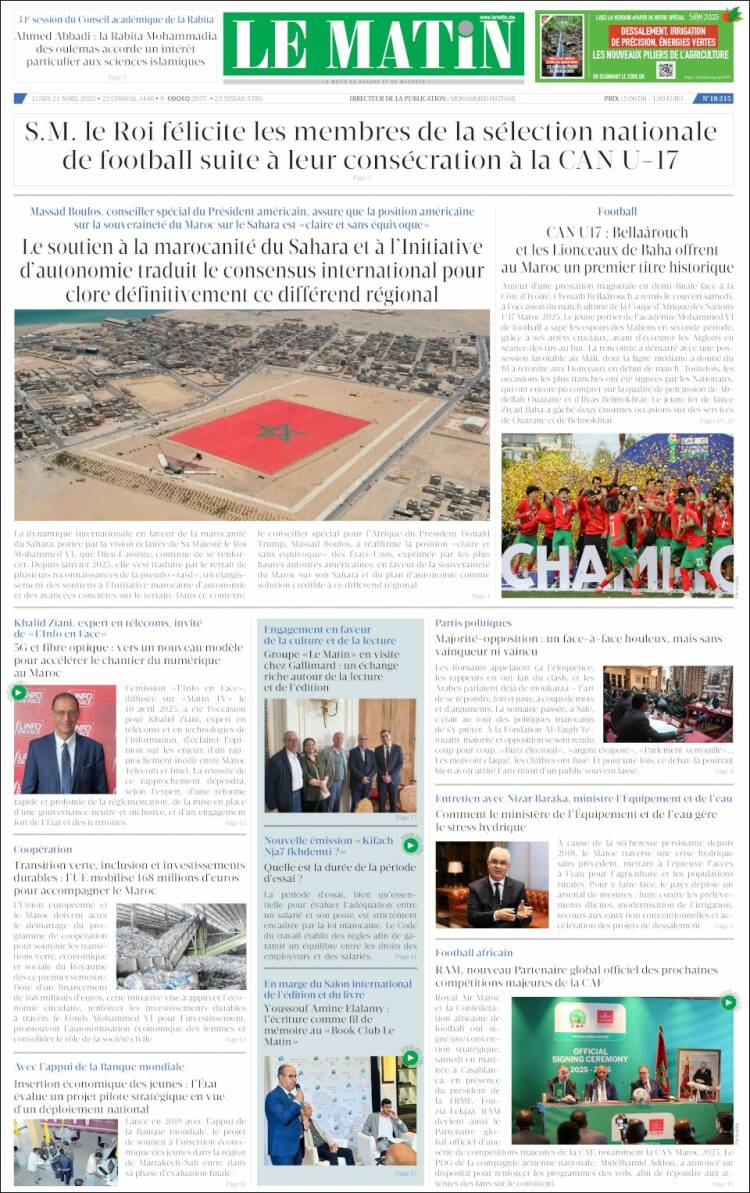 Portada de Le Matin (Maroc)