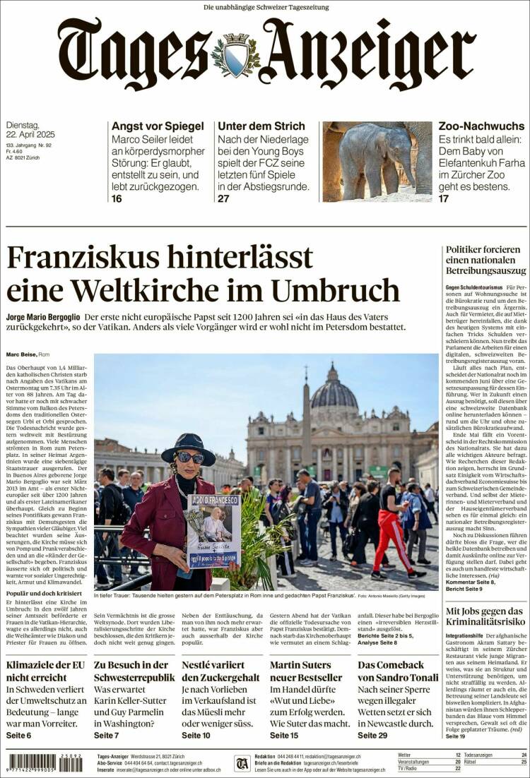 Portada de Tages-Anzeiger (Suiza)