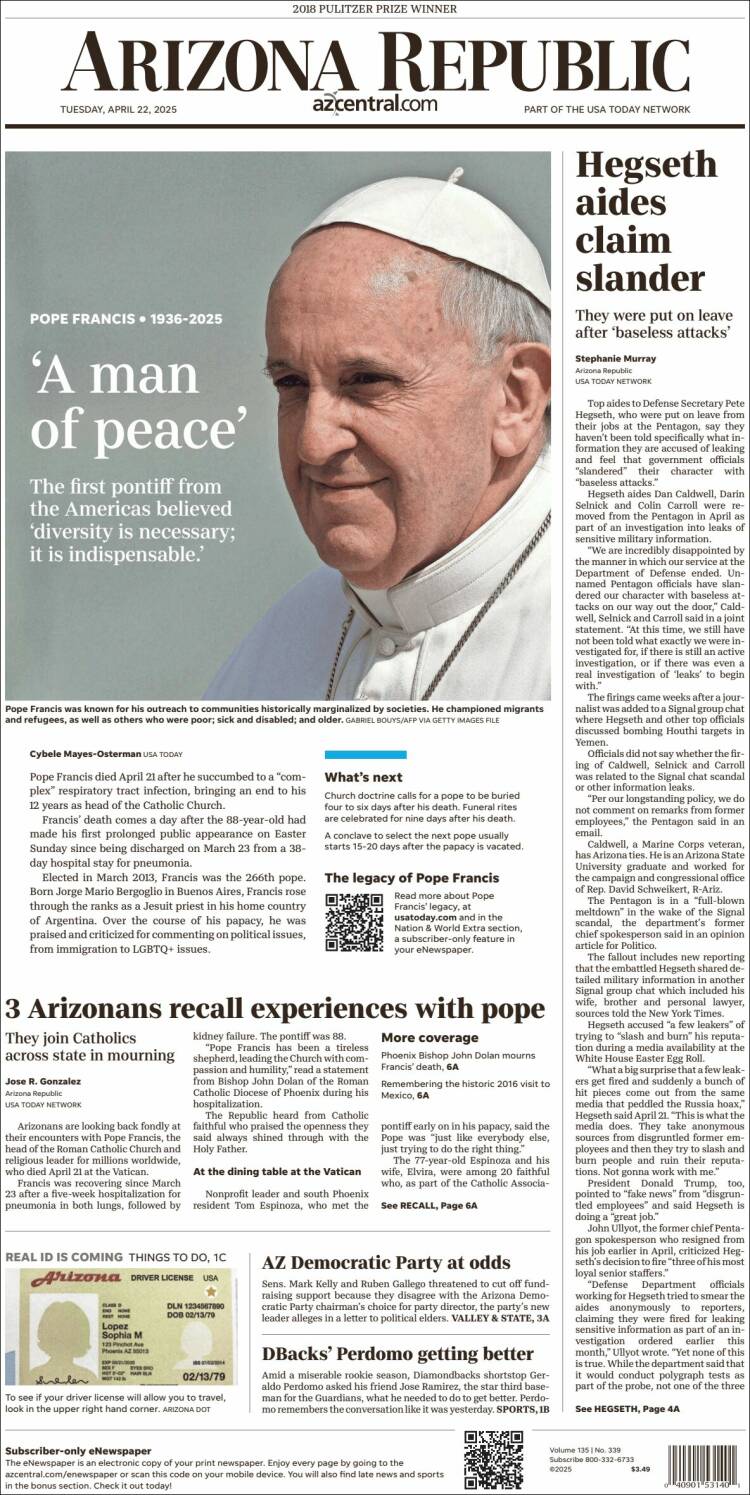 Portada de Arizona Republic News (États-Unis)