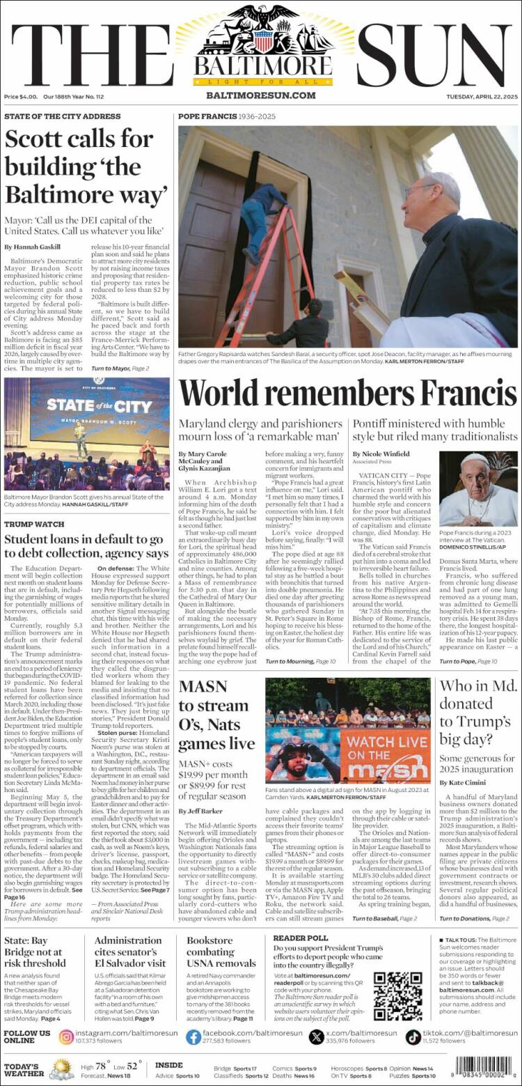 Portada de The Baltimore Sun (USA)